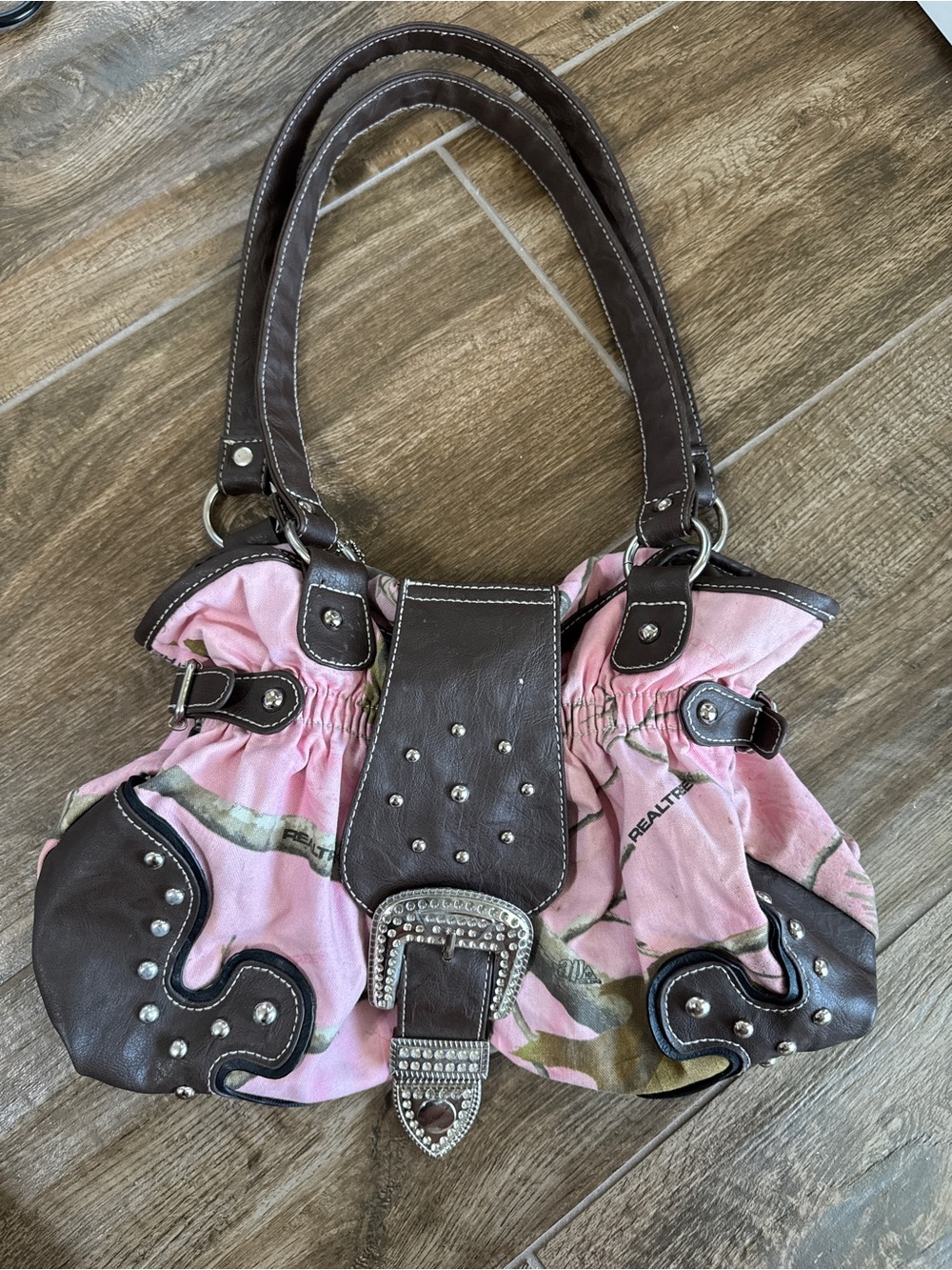 Pink Realtree-Inspired Shoulder Bag with Brown Trim